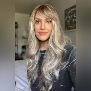 Soft Ash Blonde Long Rooted Wig by Nikita Wigs Romantic Curly Wavy Bangs (26)